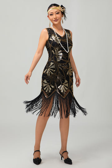 Sparkly Black Golden Fringed 1920s Dress